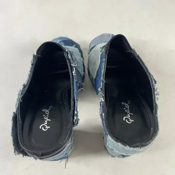 Retro Qupid Patchwork Denim Peep Toe Chunky Slip On Block Heel Mules Sz 7 - Picture 9 of 11